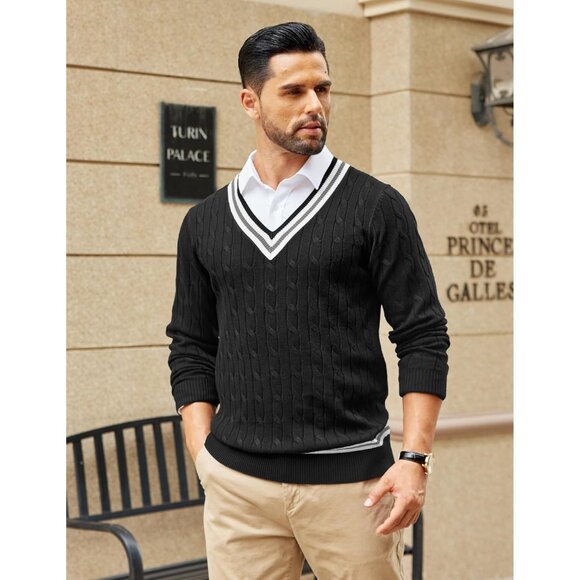 Men's V Neck Sweater Long Sleeve Cable Knit Sweater Pullover Slim Fit Ink Black - Picture 2 of 7